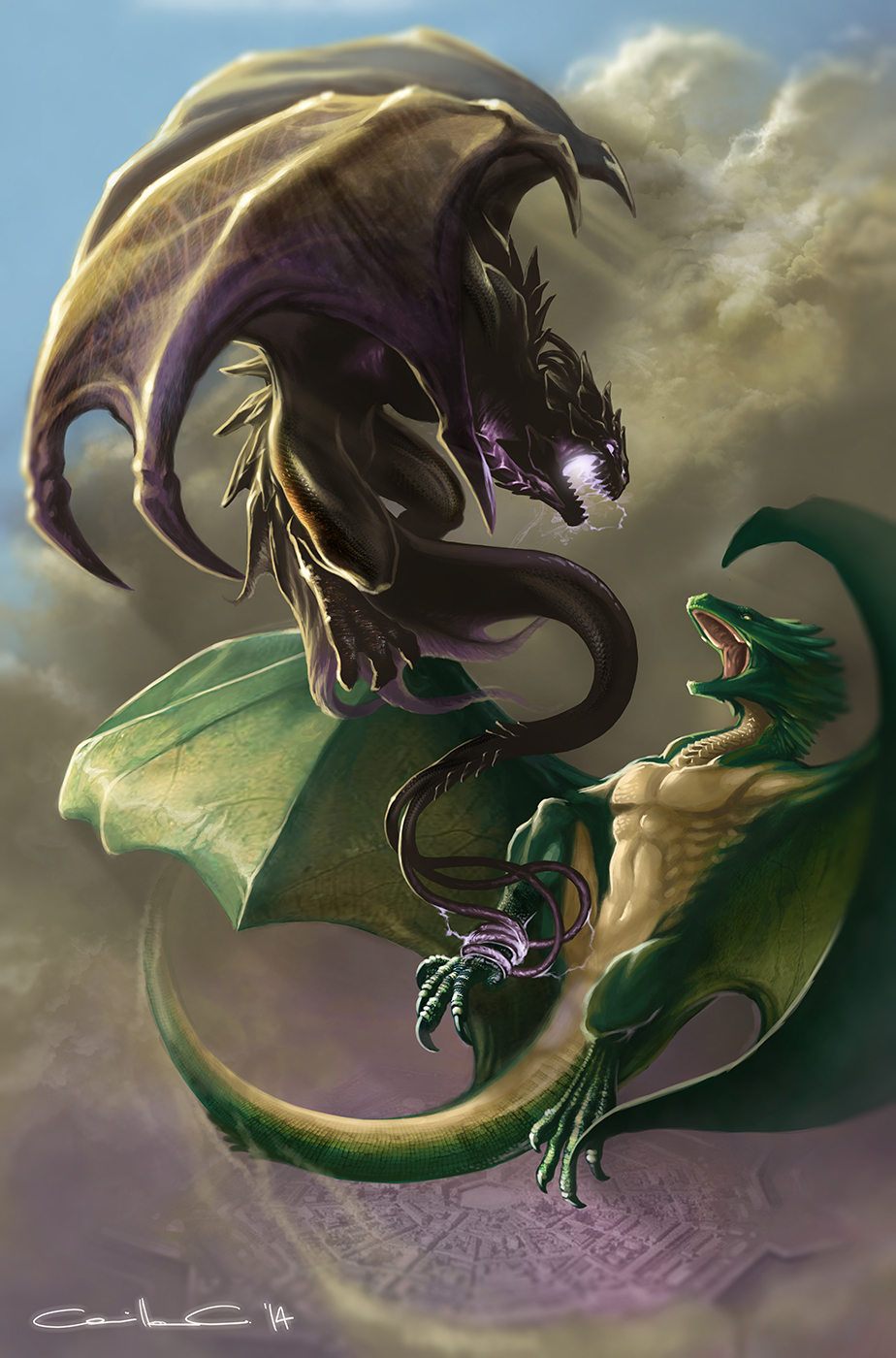 Illustrazione digitale, artwork, per libri e giochi di ruolo, progettazione personaggi fantastici - Dragon sky battle